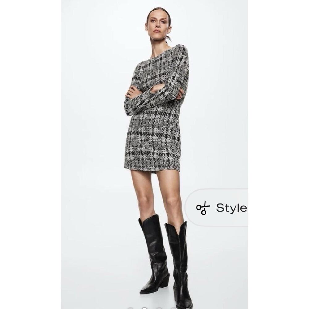 NWT‎ Mango Stripped Tweed Dress Checked Plaid Sheath Mini Black White sz 8